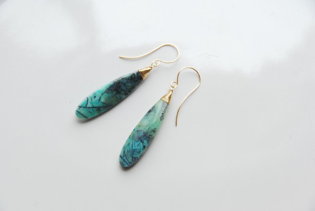 opalized wood 泪滴形 14kgf 耳环 - 耳环/耳夹 - 半宝石 蓝色