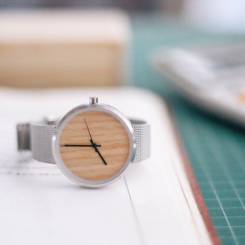 手工枫木手表 - 银色不锈钢表壳/银色皮革 - 女表 - 木头 银色