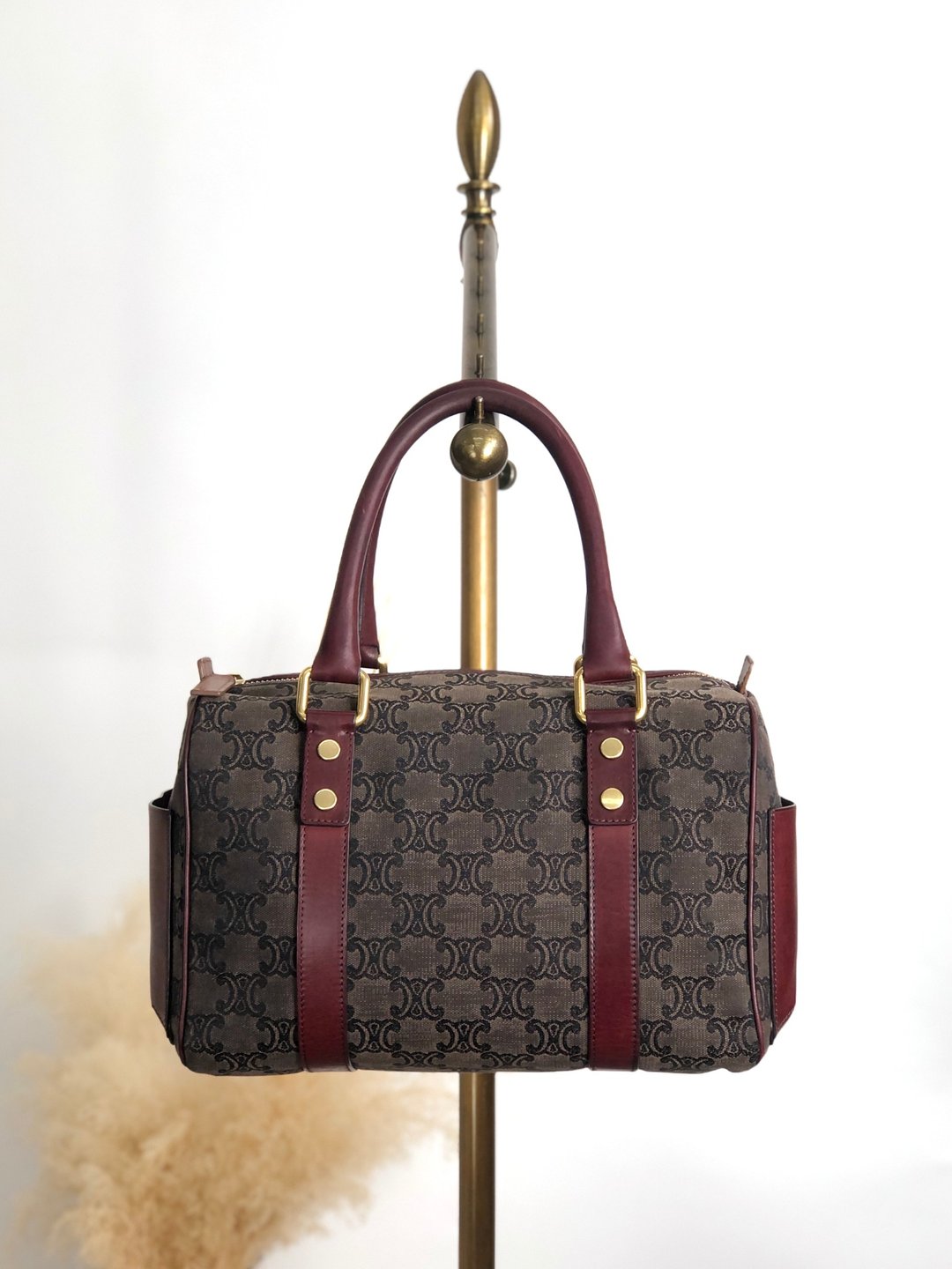 【日本直送 名牌中古包】CELINE 赛琳 锁头手提包 灰色 酒红色 帆布 皮革 迷你波士顿包 vintage iksjrc - 手提包/手提袋 - 棉 灰色