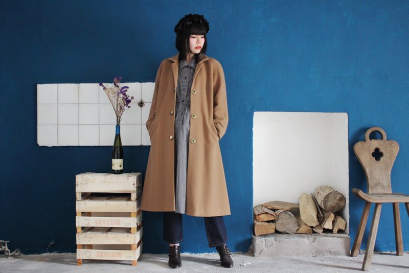 [Vintage外套](意大利制)驼色羊毛双口袋大衣古着外套F3158(圣诞礼物圣诞节交换礼物) - 女装休闲/机能外套 - 羊毛 咖啡色