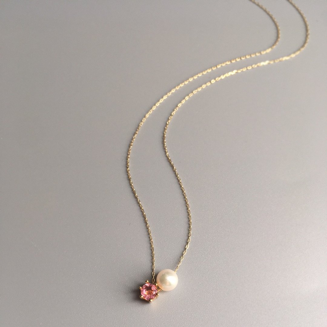 K10/K14gf 粉色碧玺项链，10 月诞生石，Akoya Pearl 项链 - 项链 - 珍珠 粉红色