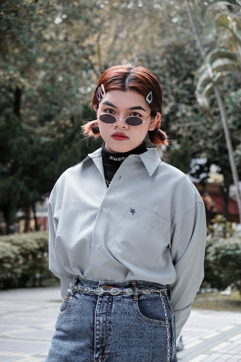 【Morefun古着选物】Epoch Polo 蓝色细格衬衫 - 女装衬衫 - 棉．麻 蓝色