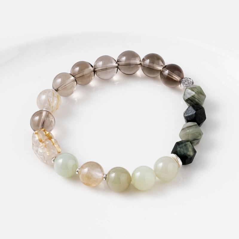 貔貅 | 金发晶 茶水晶 和田玉 绿闪石 | 男款水晶手链 - 手链/手环 - 水晶 卡其色