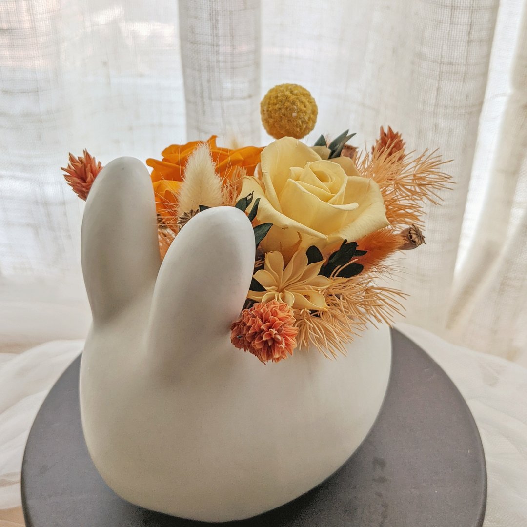 【定制】兔兔永生盆花 永生玫瑰/兔子花器 - 干燥花/捧花 - 陶 橘色