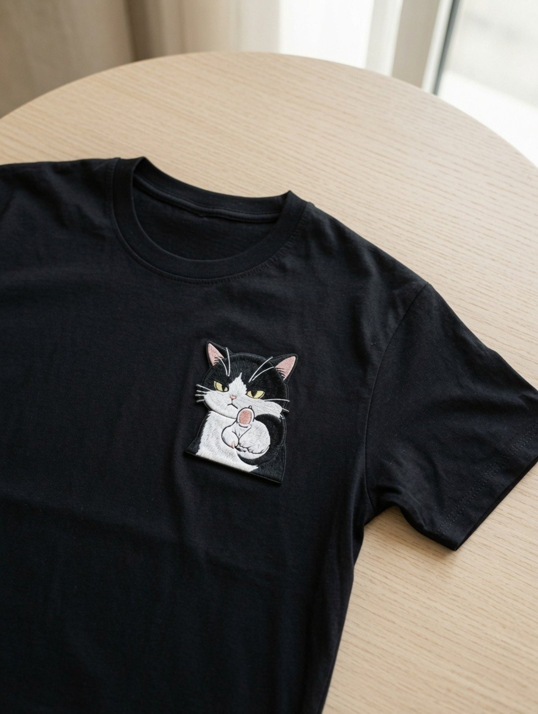 定制刺绣猫黑色 T 恤 黑白猫短袖上衣 幽默个性 T 恤 生日礼 - 女装 T 恤 - 棉 黑色