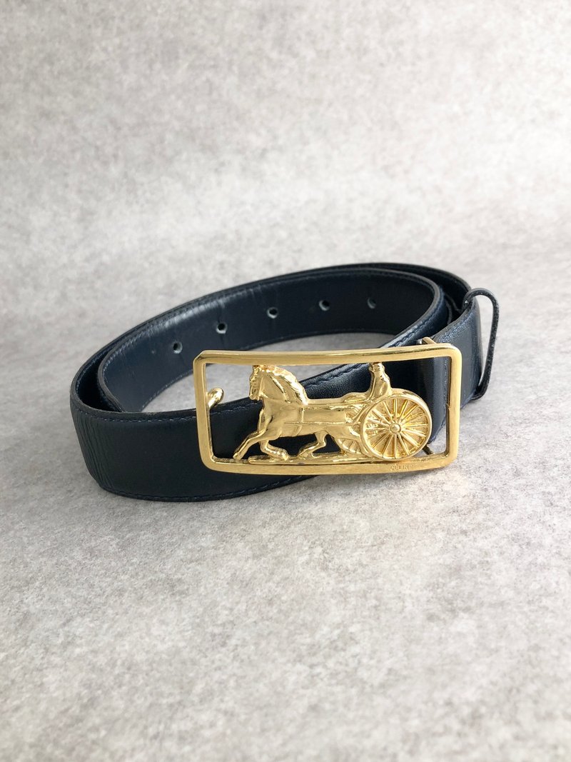 【 日本直送 名牌中古包 】CELINE 赛琳 皮带 经典海军蓝 马车图腾 皮革 vintage 古着 old dnd65j - 皮带/腰带 - 真皮 蓝色