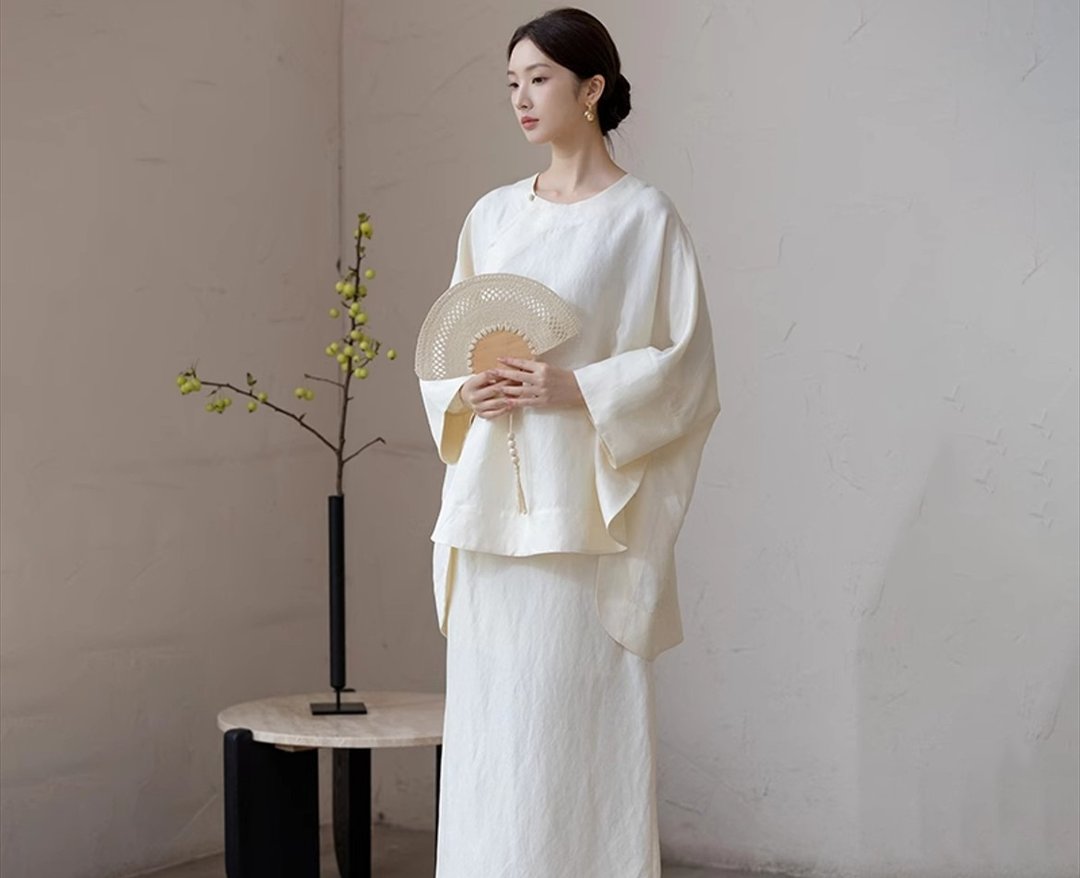新中式中国风 寬鬆禅意茶服 斜襟盘扣亚麻 上衣/半裙 - 女装上衣 - 棉 白色