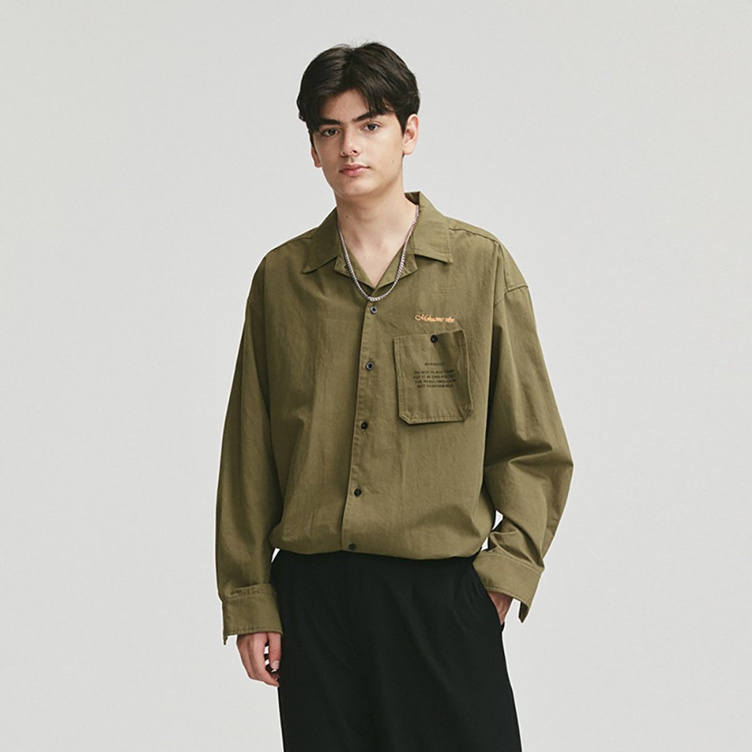 MOKACME 20FW  复古工装可拆卸口袋衬衫情侣装 - 男装衬衫 - 棉．麻 绿色