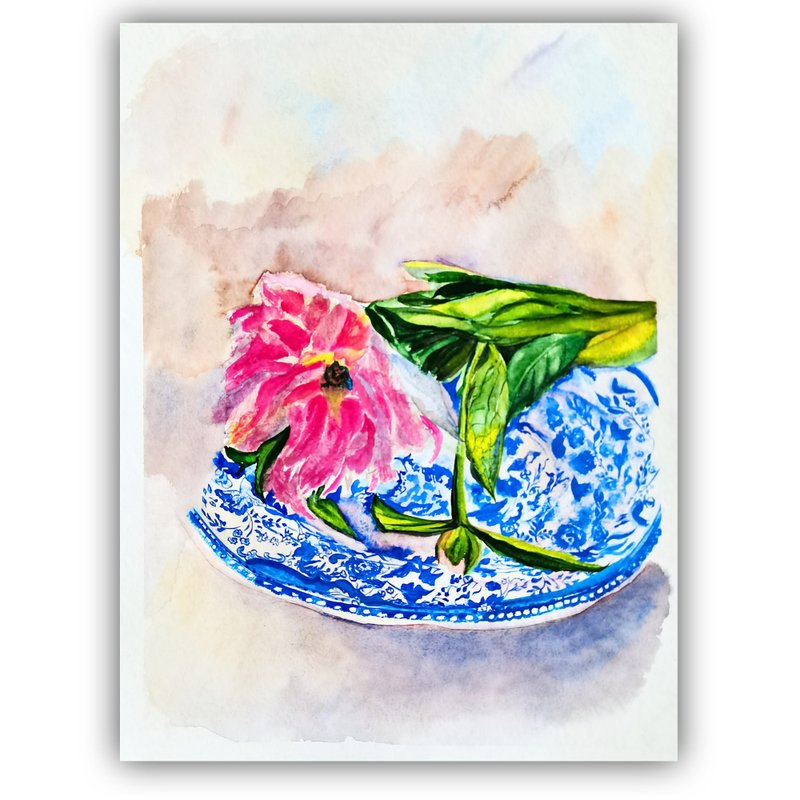 Watercolor Original Peony Art Flower Artwork Room Decor Painting by RayLarArt - 海报/装饰画/版画 - 纸 蓝色