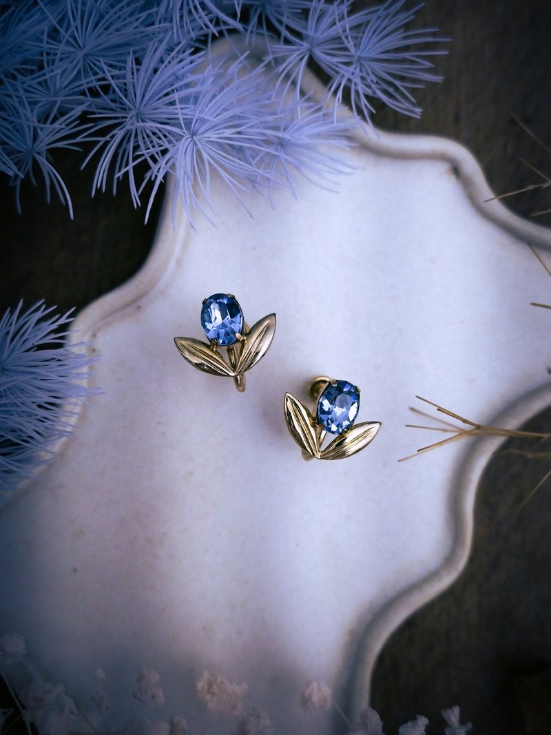 Van Dell 蓝晶郁金香金叶耳环—美国古董首饰 Vintage Jewelry - 耳环/耳夹 - 其他金属 蓝色