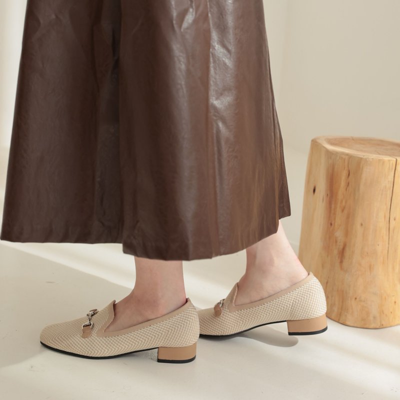 方头针织马偕扣英伦通勤乐福鞋低跟鞋女 - 女款牛津鞋/乐福鞋 - 其他材质 