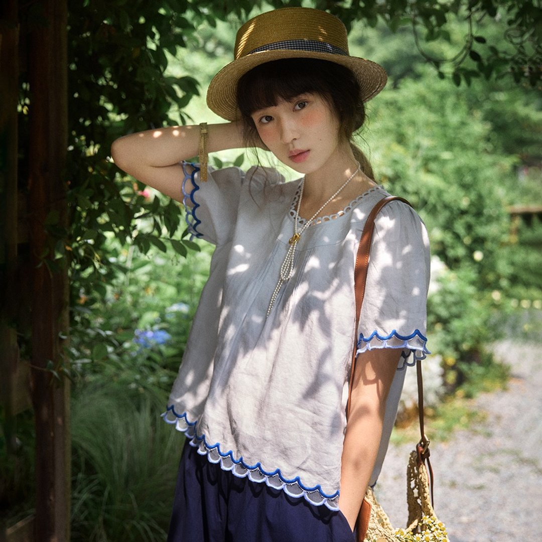 灰蓝色波浪花边娃娃衫半裙套装|衬衫|裙子|夏款|Sora-1843 - 女装衬衫 - 棉 