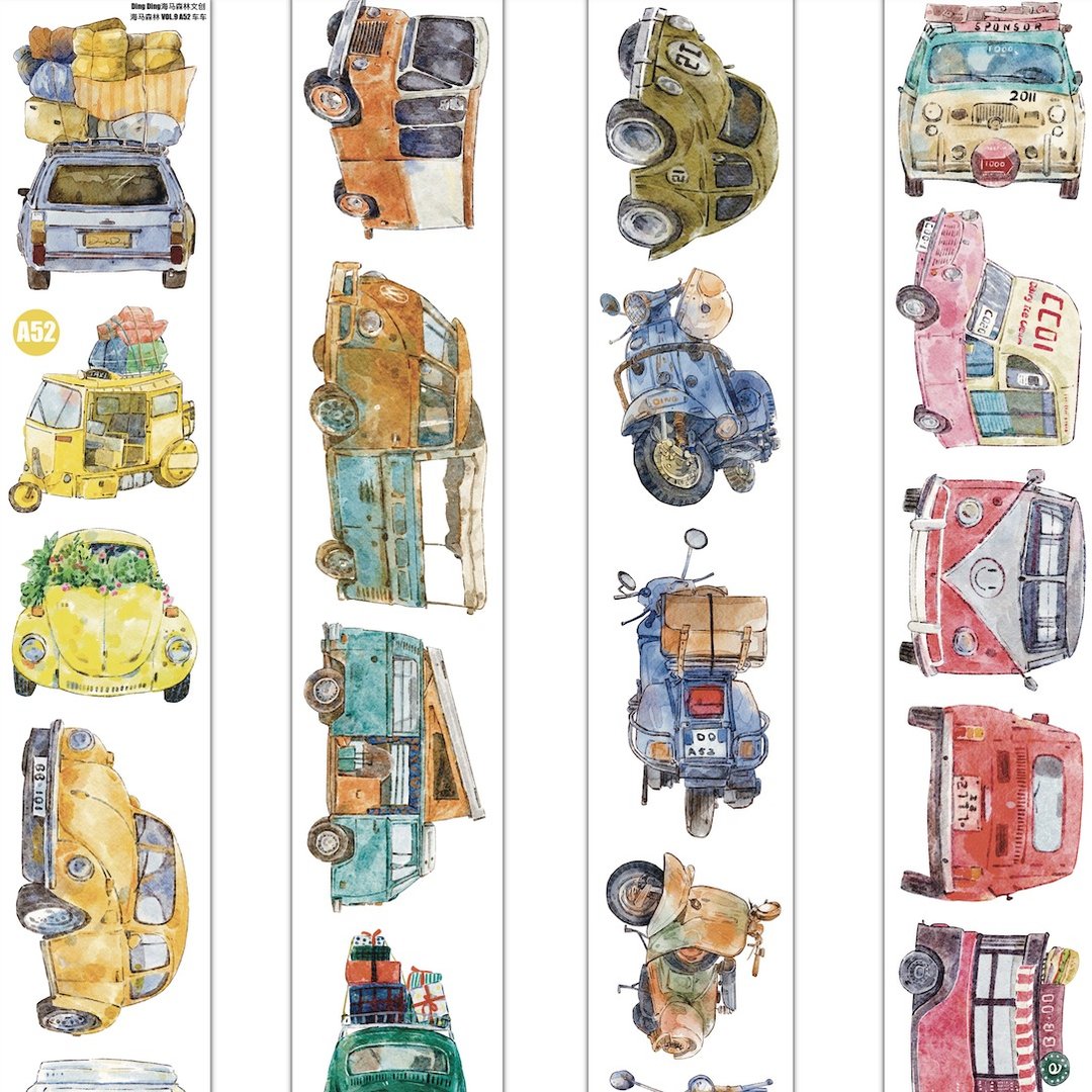 車車 古き車 果てなき旅 水彩画 PET 和紙膠帶 5米卷 (kiss-cut) - 纸胶带 - 其他材质 多色