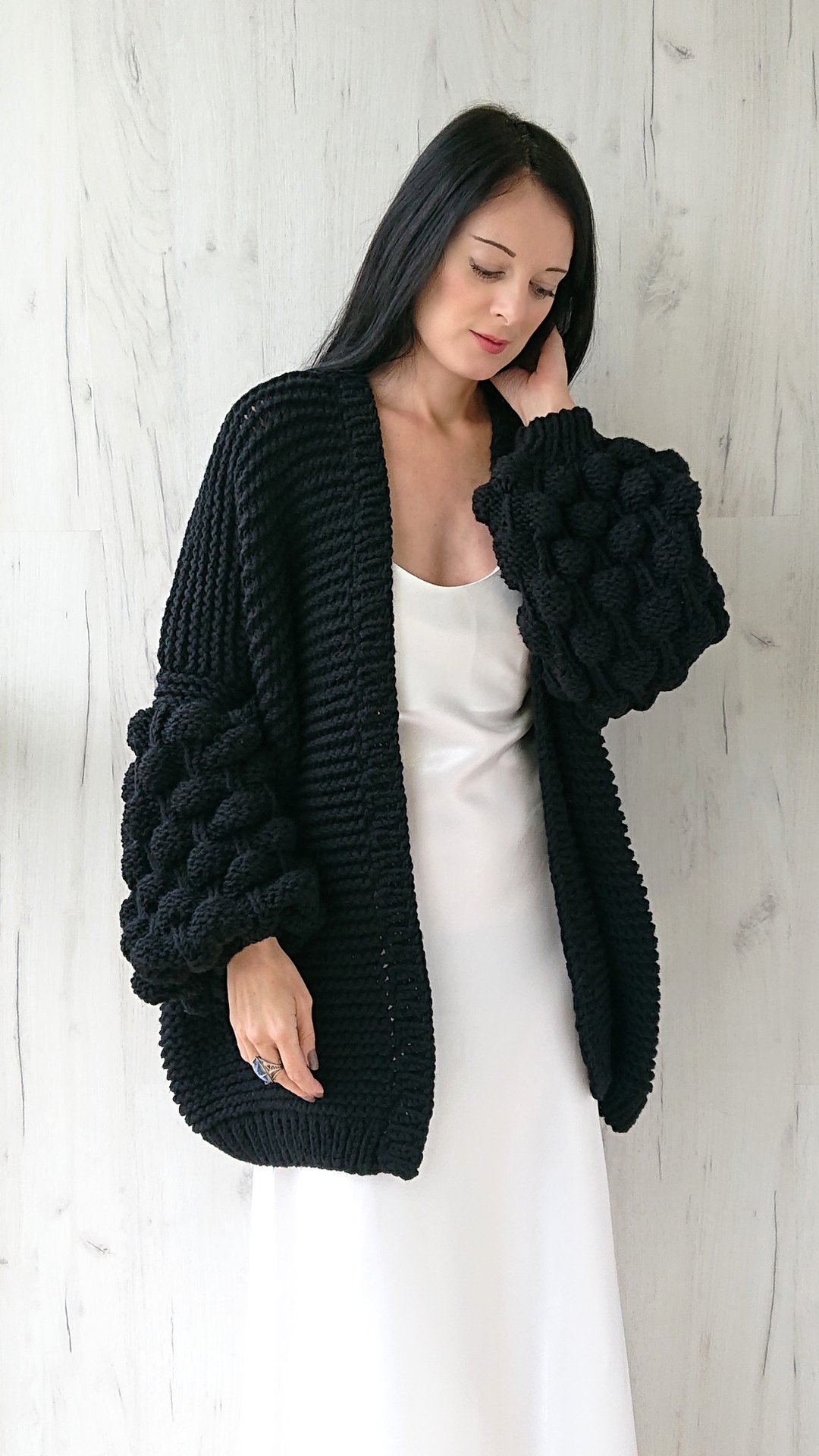 Bubble puff sleeve knit cardigan for women Chunky rib knit jacket in wool Coat - 女装针织衫/毛衣 - 羊毛 