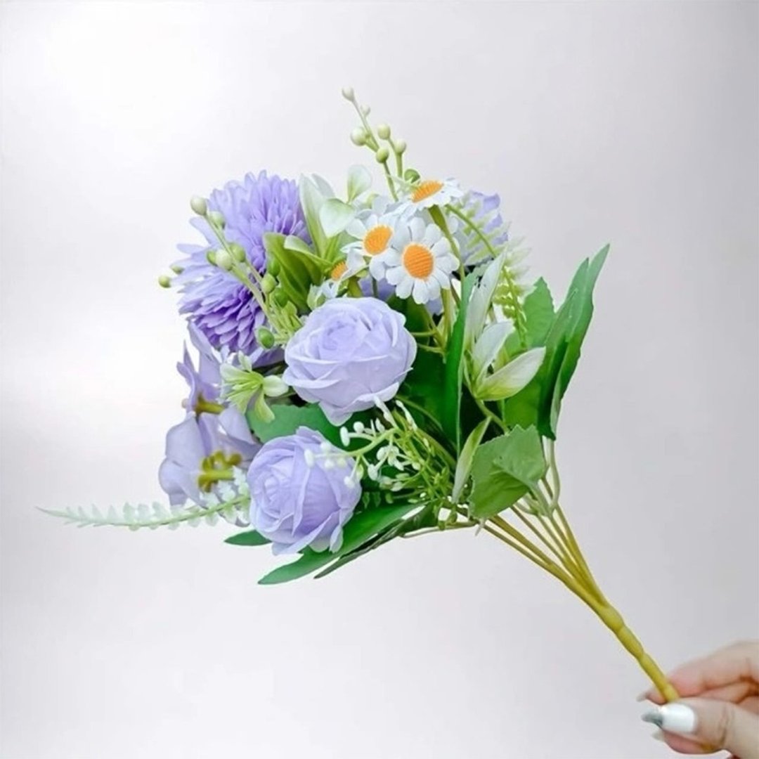 法式小花园玫瑰洋甘菊紫色花束仿真花花材 (1 入组) - 摆饰 - 塑料 黄色