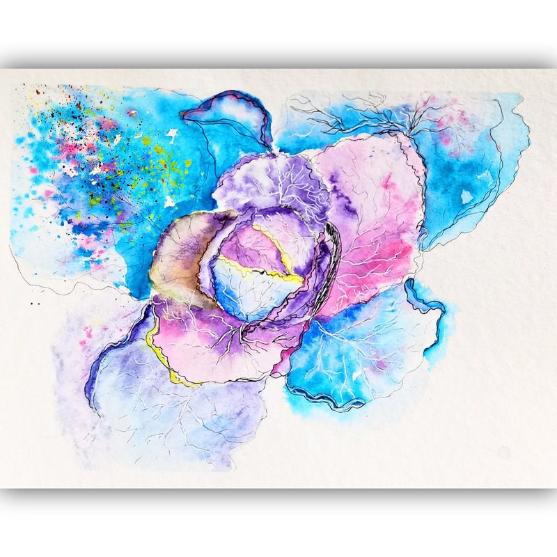 Watercolor Original Cabbage Painting Vegetable Room Decor Artwork Kitchen Art - 海报/装饰画/版画 - 纸 多色