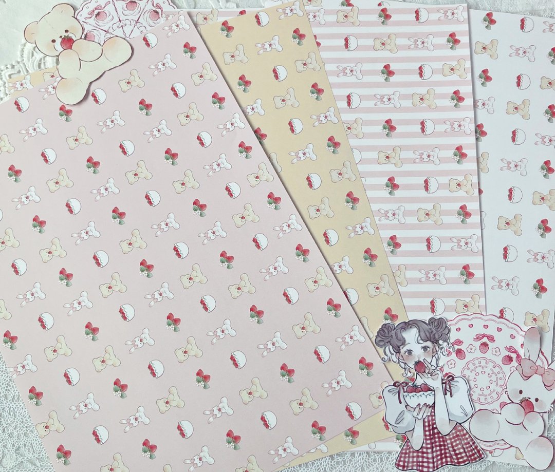 Bear x Bunny Strawberry Design Paper - 纸盒/包装盒 - 纸 多色