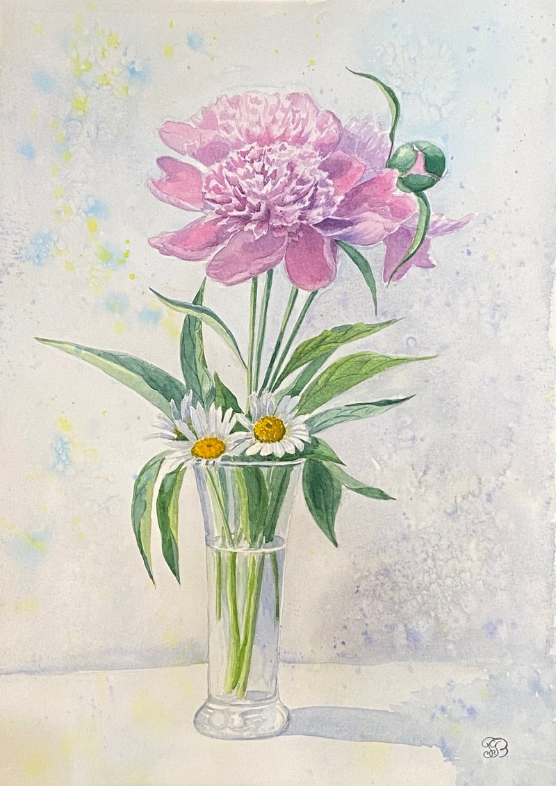 牡丹雏菊原创水彩 40 x 30 厘米 - 墙贴/壁贴 - 纸 粉红色