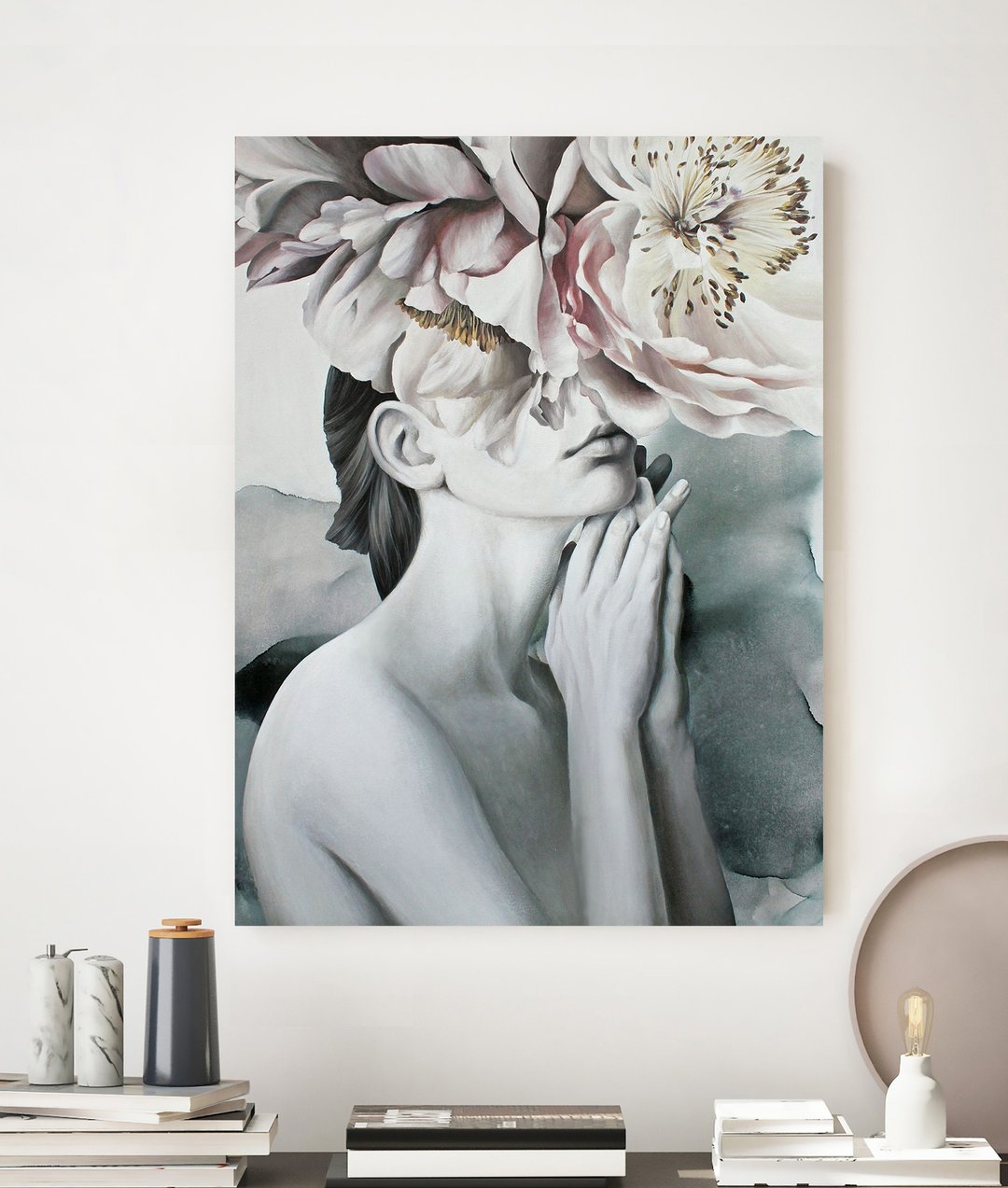 带花的女孩 | 带牡丹的女人壁画 | 女人花春天的心情 - 墙贴/壁贴 - 棉．麻 灰色