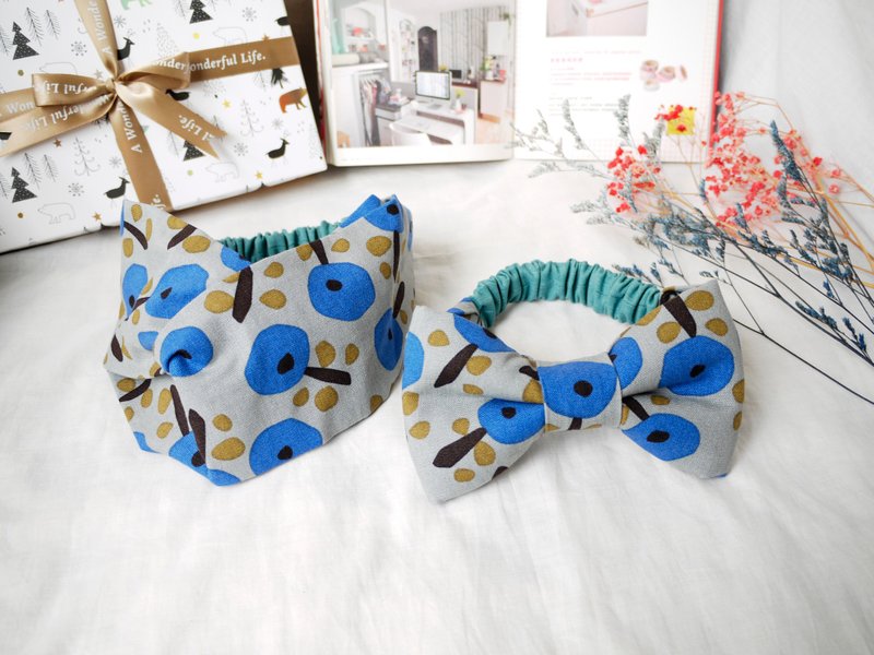 母女发带(可做弥月礼盒)│妈妈发带+宝宝发带:::苹果树(蓝) - 满月礼盒 - 棉．麻 蓝色