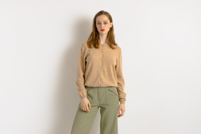 复古 90 年代针织毛衣．女款圆领衫 米色羊绒衫 极简主义 7510 - 女装针织衫/毛衣 - 羊毛 金色