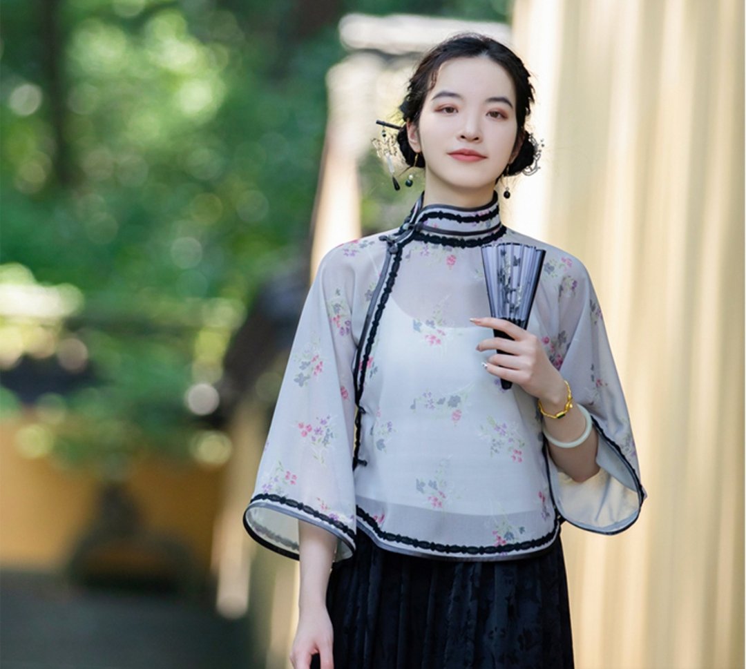 花见溪 新中式復古  倒大袖盘扣上衣 - 女装上衣 - 其他材质 灰色