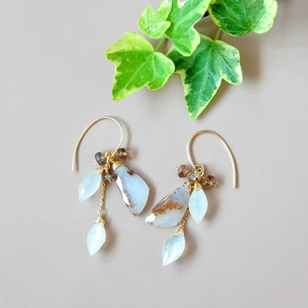 14kgf[Natural Beauty] Dendritic Agate x White Moonstone Earrings - 耳环/耳夹 - 其他金属 