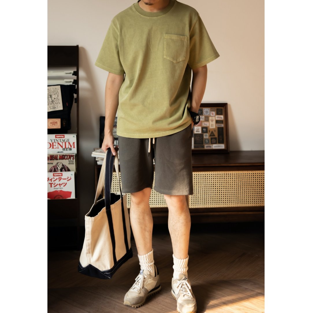 蜡染短袖上衣 圆领 草绿色 340g 蜡染半漂洗水工艺 T-SHIRT - 男装上衣/T 恤 - 棉 绿色