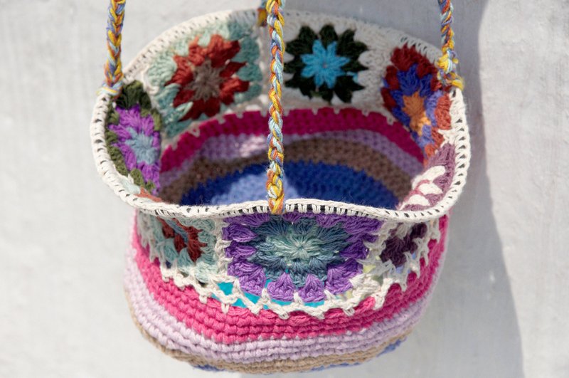 手工限量一件 手工编织置物篮/收纳篮/吊挂袋/鸟巢编织篮/鸟巢吊挂篮- 热带森林风花朵编织 - 收纳用品 - 棉．麻 多色