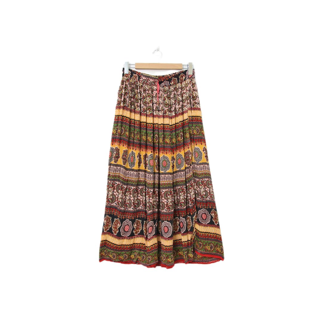 Back to Green-复古长裙 撞色 民族图腾 伞裙M-07//vintage skirt - 裙子 - 棉 