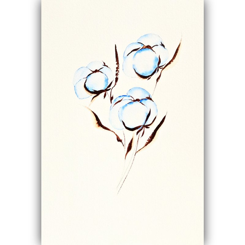 Cotton Watercolor Original Room Decor Art Floral Artwork Cotton Small Painting - 海报/装饰画/版画 - 纸 多色