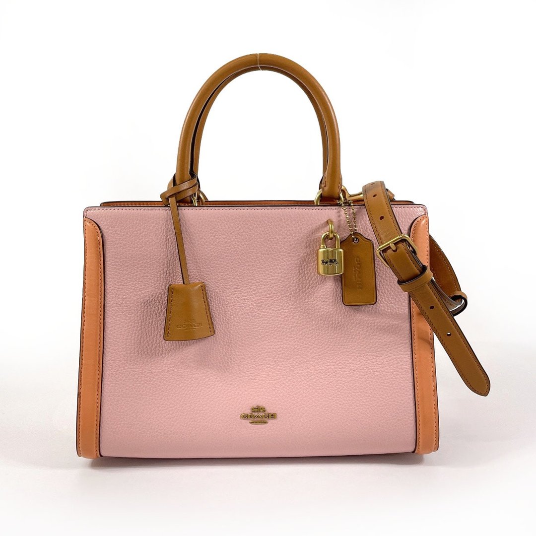【日本直送 二手美品】蔻驰 COACH 手提包 肩背包 693 Zoe Carryall 2WAY 皮革 粉色/棕色/珊瑚橘 - 手提包/手提袋 - 真皮 粉红色