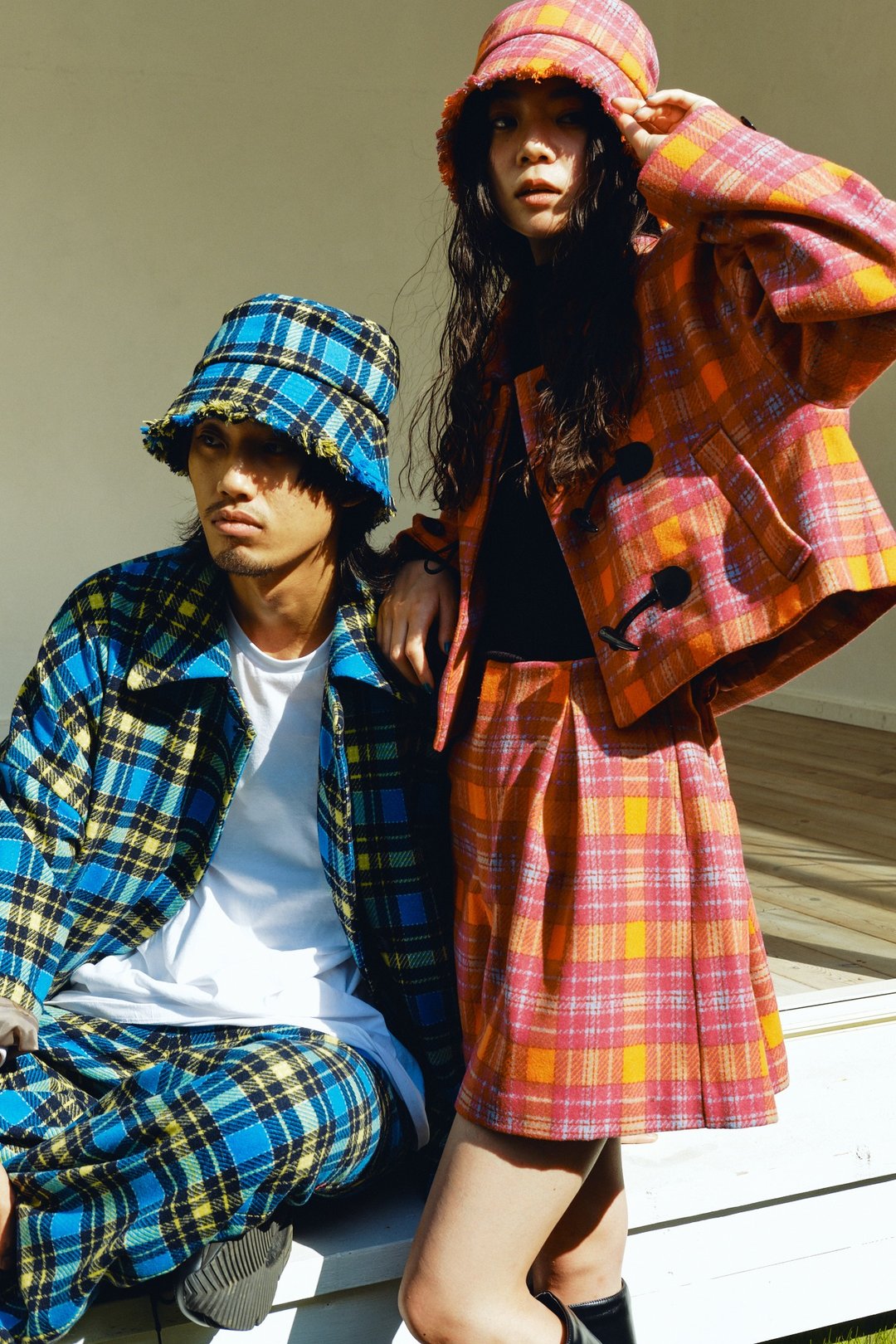 Check fringe bucket hat - 帽子 - 羊毛 蓝色