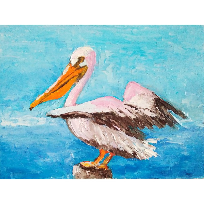 Pelican Original Painting, Bird Artwork, Animal Wall Art, Small Oil Art, 手工油畫 - 海报/装饰画/版画 - 其他材质 多色