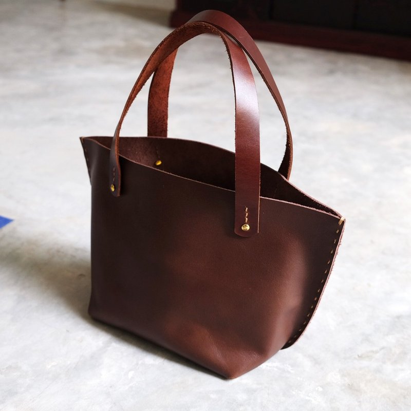Tiny Dark Brown Leather Tote Bag / Handstitched Mini Leather Lunch Bag - 手提包/手提袋 - 真皮 咖啡色