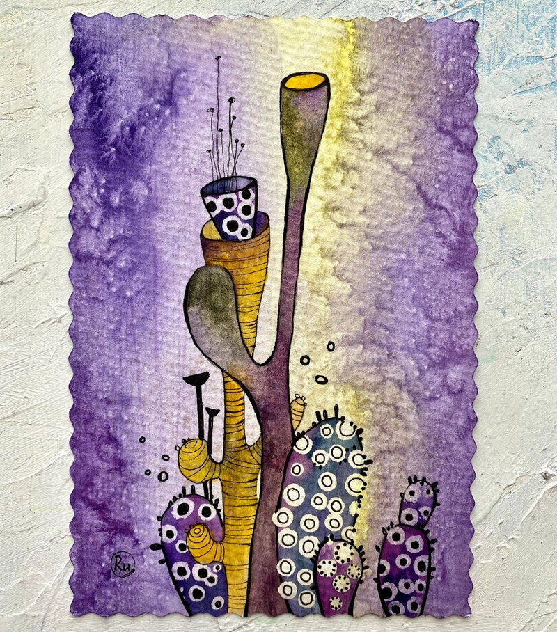 Floral painting Cactus Original art Small watercolor Flowers Miniature artwork - 海报/装饰画/版画 - 纸 多色