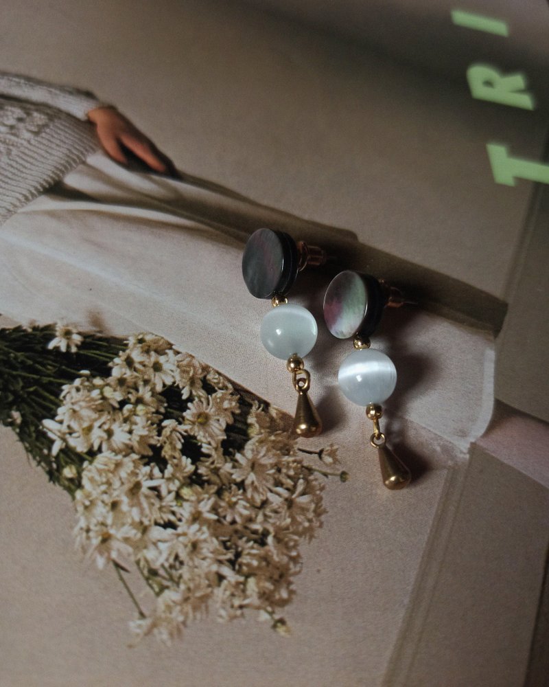 天然贝猫眼石耳环 - 黑贝 - 耳环/耳夹 - 贝壳 多色