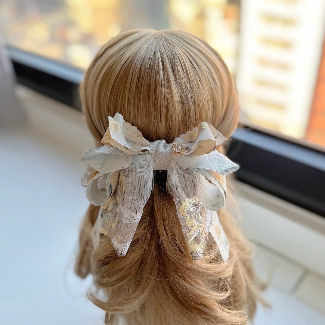 独家蕾丝花边蝴蝶结相交夹香蕉夹仙女夹发夹-水墨黄色 - 发饰 - 其他材质 黄色