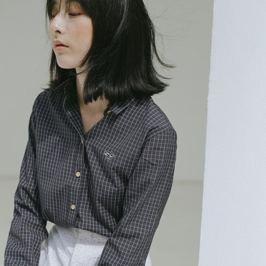 ORCA // black-white check // women long sleeves - 女装衬衫 - 棉 黑色