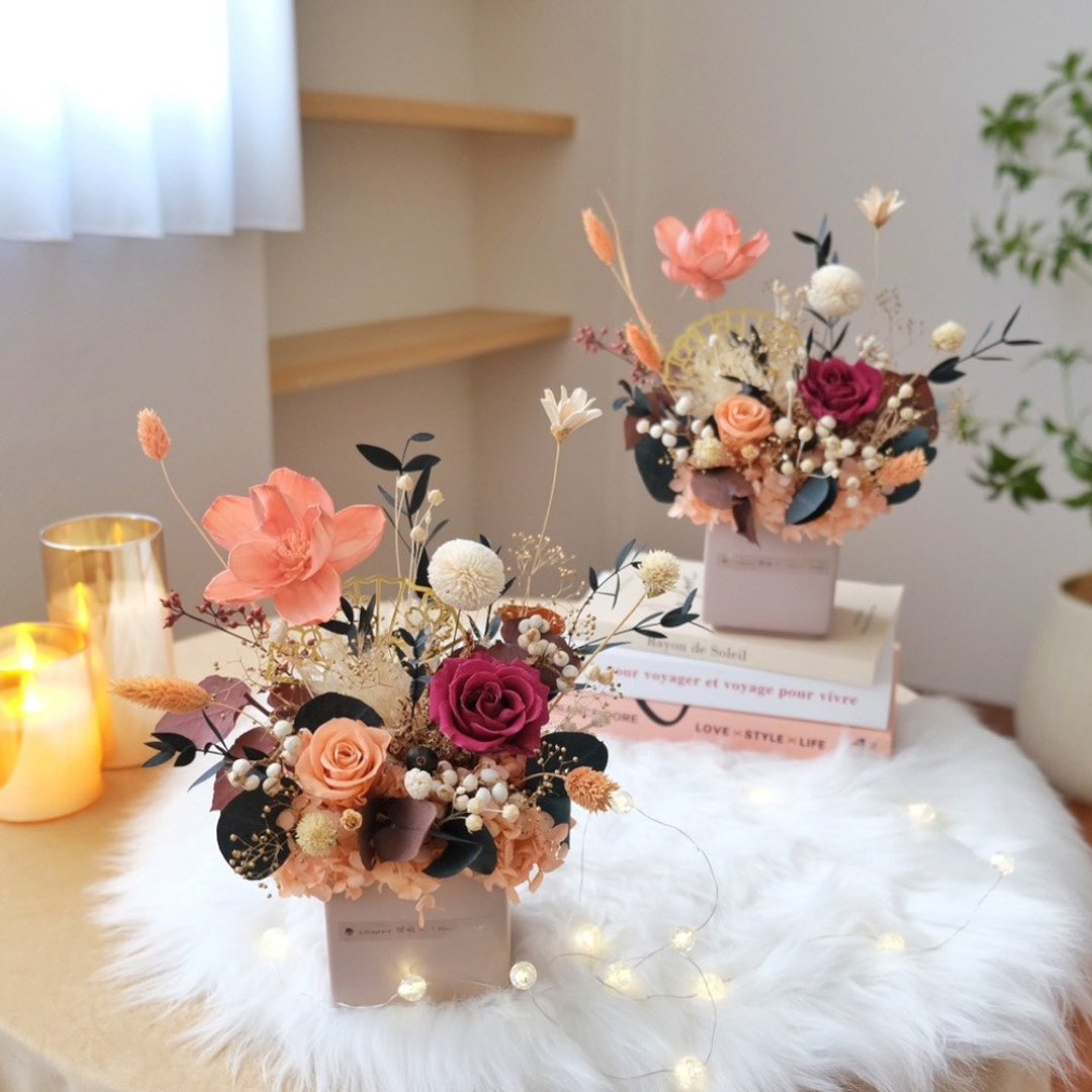 日式永生盆花 金色樱花扇 永生花 永生玫瑰 新年盆花 红色 粉色 - 干燥花/捧花 - 植物．花 粉红色