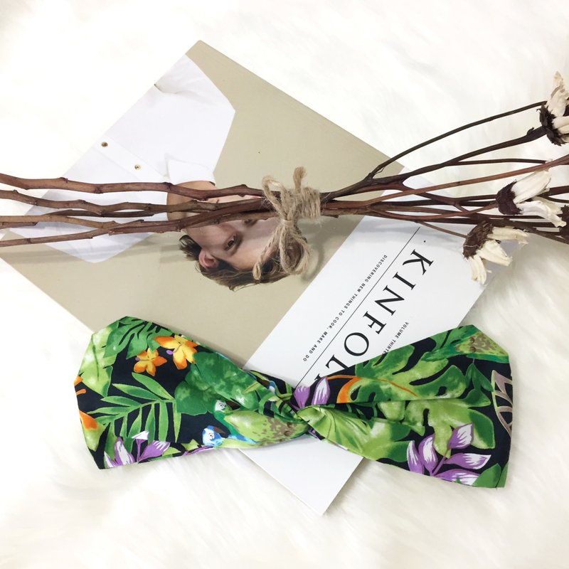 热带雨林 / 鹦鹉 叶子 绿 黑 / 宽版 松紧手工发带 - 发带/发箍 - 棉．麻 