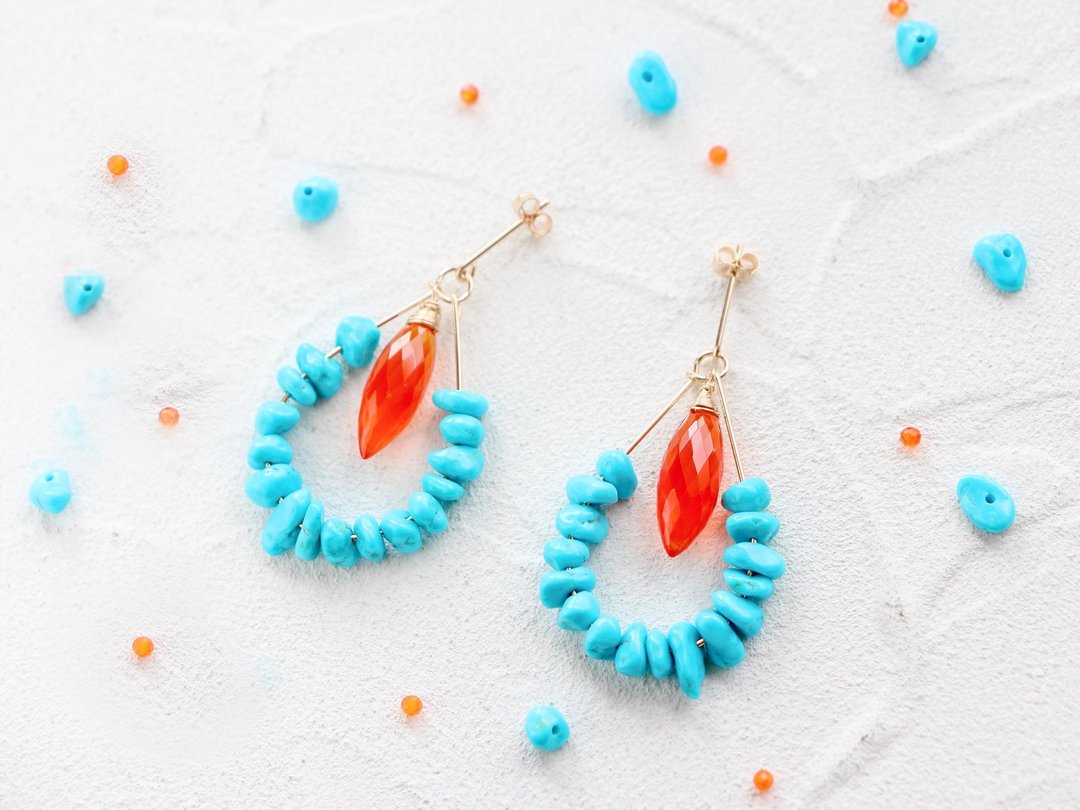 14kgf-beauty turquoise and carnelian pierced earrings /can change to clip-on - 耳环/耳夹 - 其他金属 蓝色