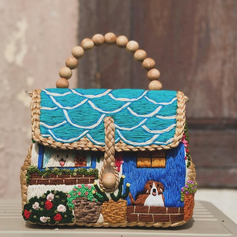 手工刺绣水葫芦编织袋 - 手提包/手提袋 - 其他材质 蓝色