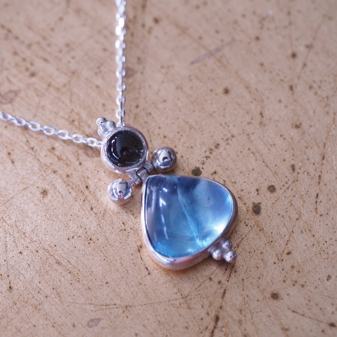 蓝绿色萤石 电气石 纯银设计款项链 Teal Fluorite Tourmaline - 项链 - 半宝石 蓝色