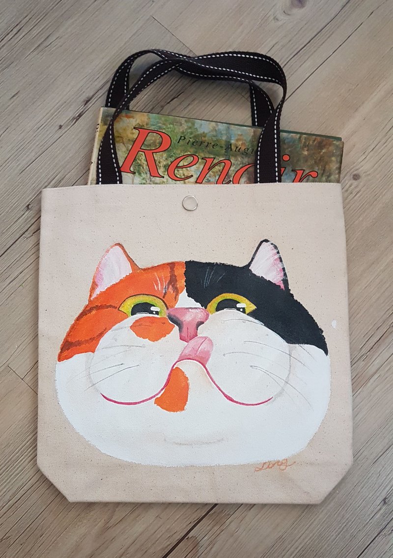 手绘三花贪吃猫/肉球手提袋 - 手提包/手提袋 - 棉．麻 多色