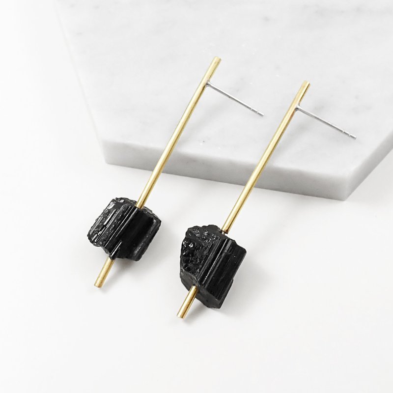 仅此一件 - RAW | 天然黑碧玺原矿黄铜直条925纯银耳针耳环.黑系 - 耳环/耳夹 - 宝石 黑色