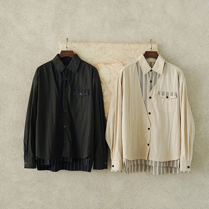復古雙層假兩件襯衫 / 不對稱拼接條紋肌理 / 微皺寬鬆休閒通勤款 - 男装衬衫 - 其他材质 多色