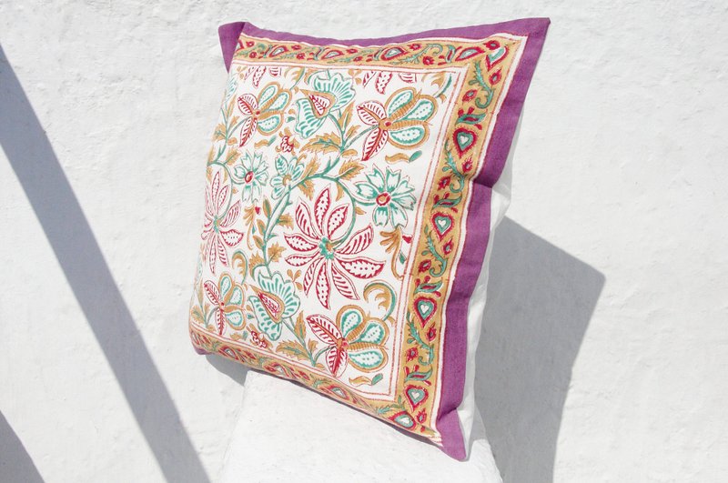 情人节礼物 快速到货 限量一件 手工木刻印抱枕套 / 纯棉抱枕套 / 印花抱枕套 / 手工印抱枕套 - 法式风 紫色花朵藤蔓 - 枕头/抱枕 - 棉．麻 紫色