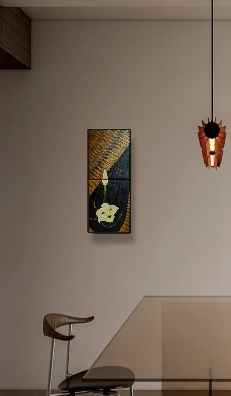 *鸢尾花与竹编黑底带影子* 画布已装框  手绘油画  非印刷品 - 海报/装饰画/版画 - 棉．麻 