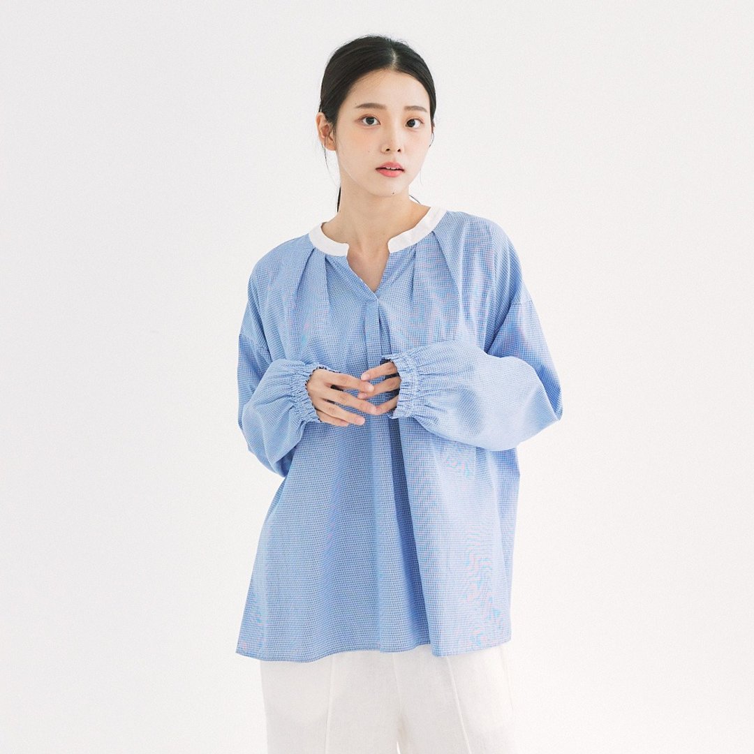 【Simply Yours】小格V领拼接上衣 蓝F - 女装衬衫 - 棉．麻 蓝色